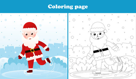 Christmas coloring page with santa claus character ice skating, printable worksheet for kid in cartoon style, winter holidays activityのイラスト素材