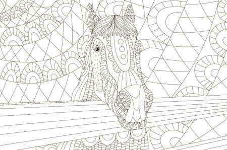 stylized horse antistress coloring page for adults in black and white style for print, hand drawn sketch for t-shirt emblem, logo or tattoo with doodleのイラスト素材