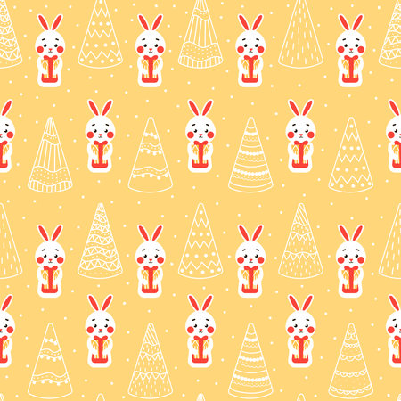 Christmas seamless pattern with cute bunny character and christmas tree on yellow backgroundのイラスト素材