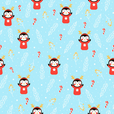 Christmas seamless pattern with cute penguin character and candy cane on blue backgroundのイラスト素材