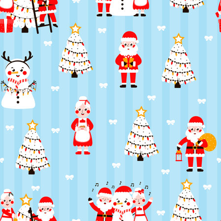 Seamless christmas pattern with cute santa and snowman, christmas tree on blue background for wrapping paper or textile print, winter wallpaper for kidsのイラスト素材