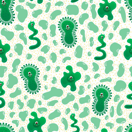 Bacteria seamless childish pattern, funny virus on white backgroundのイラスト素材