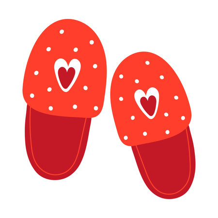 Home red slippers with heart symbol, cute cozy footwearのイラスト素材