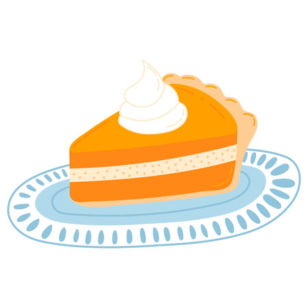 Piece of pumpkin pie on plate isolaed on white background, cozy autumn food, time for hygge, traditional Thanksgivingのイラスト素材
