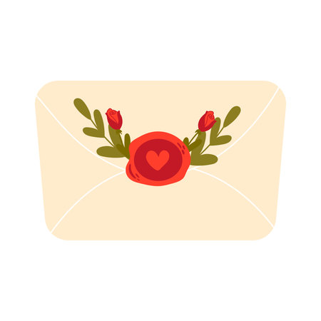Cozy love letter with envelope and wax stamp isolated on white background, time for hygge design element, scandinavian style template for postcardのイラスト素材