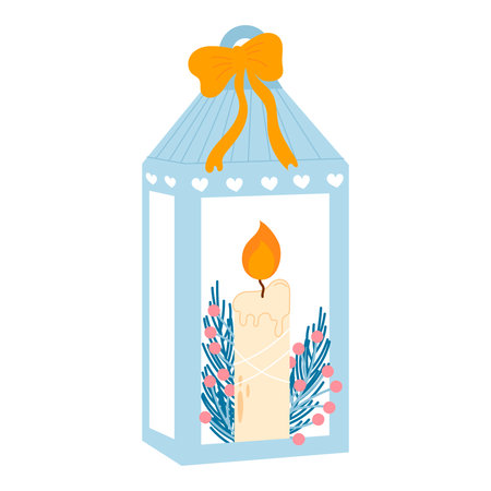 Cozy blue lantern with a burning candle and leaves, berries inside isolated on white background, time for hygge, home decoration for holidayのイラスト素材