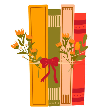 Cozy scene with pile of books and flowers isolated on white background, time for hygge, winter and autumn mood design elementのイラスト素材
