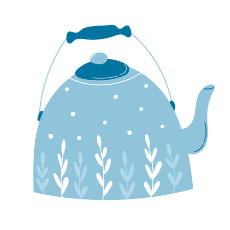 Cozy ceramic blue teapot with leaves isolated on white background, time for hygge, kitchen porcelain productのイラスト素材