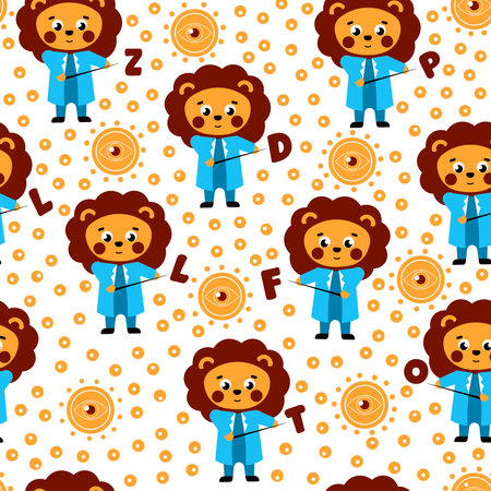 Ophthalmology pattern with childish character lion doctor on white background for print or fabricのイラスト素材