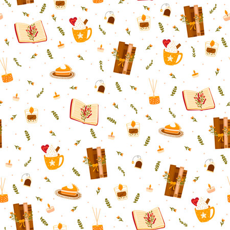 Cozy reading book with candle and tea pattern on white background, time for hygge wallpaper in cartoon styleのイラスト素材