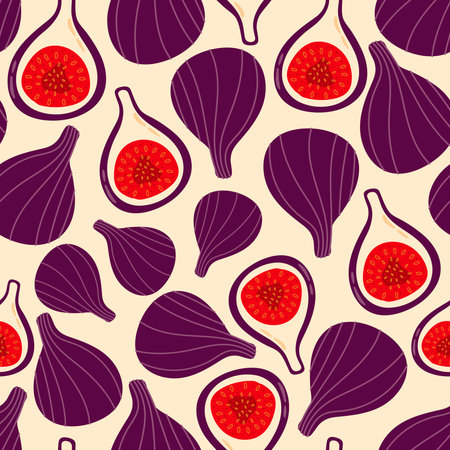 Seamless fruit pattern figs on a light yellow background, hand drawn ornament for fabric and wallpaperのイラスト素材
