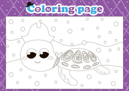 Pirate themed coloring page for kids with cute animal character turtle, printable worksheet for children booksのイラスト素材