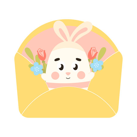 Cute Easter egg character with bunny ears jump out from yellow envelope with flowersのイラスト素材