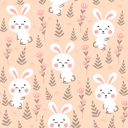 Cute rabbit themed seamless pattern with bunny character and flowers on light backgroundのイラスト素材