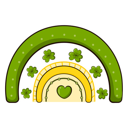 Cute boho style rainbows for St Patricks Day with shamrocks and heart, irish sign of good luck in cartoon style isolated on white backgroundのイラスト素材