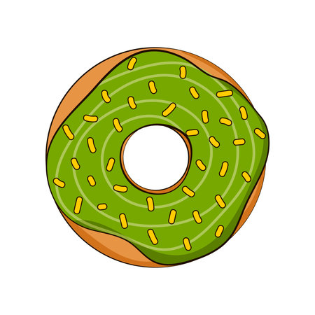 Donut for St Patricks Day in cartoon style with green icing and yellow sparkles isolated on white background, design element for packaging and menu designのイラスト素材