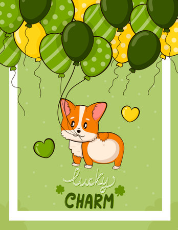 Greeting card with corgi dog with baloons and lucky charm lettering in cartoon style for St. Patricks Day, party invitationのイラスト素材