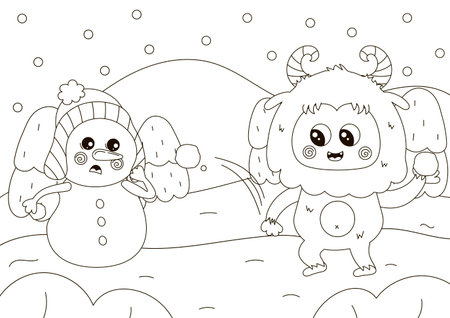 Funny coloring page with cute Yeti character and snowman playing snowballs fightのイラスト素材