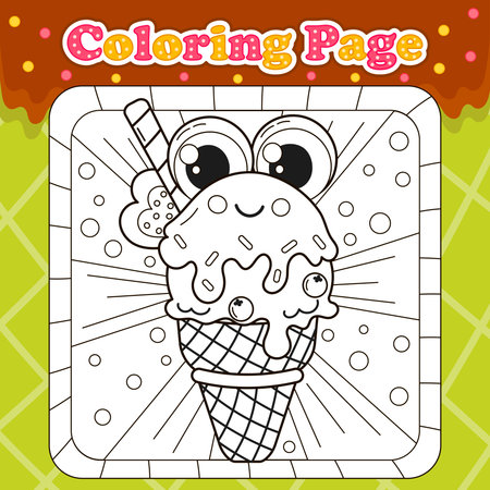 Summer sweets themed coloring page for kids with kawaii animal character frog shaped ice cream, printable educational worksheet in cartoon styleのイラスト素材