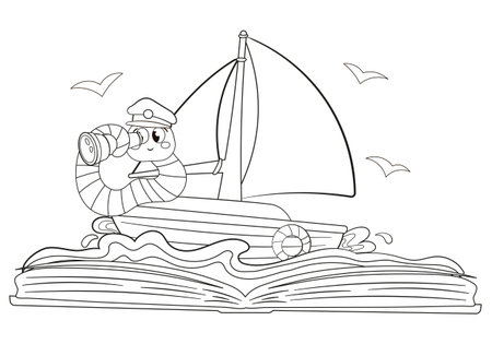 Coloring page with cute bookworm sailing in boat exploring the ocean, kawaii black and white cartoon insects and reading books themed educational worksheet for print, game for preschoolersのイラスト素材