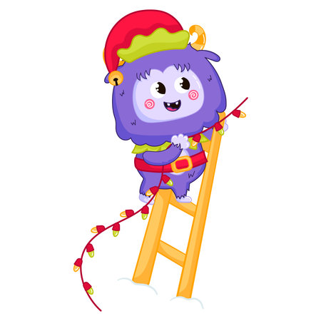 Cute Yeti or Bigfoot character in elf costume holding christmas garland in cartoon style, winter holidays themed mascot for kids, fantasy creatureのイラスト素材