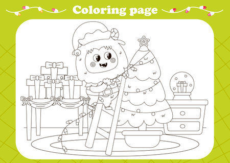 Cute coloring page with kawaii Yeti or Bigfoot decorating Christmas tree with garland, winter holidays printable worksheet for kids, black and white backgroundのイラスト素材