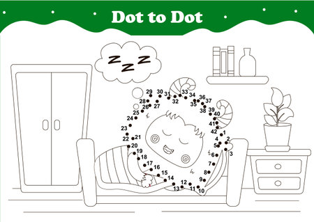 Cute winter holidays themed dot to dot game for kids with Yeti character sleeping and waiting for santa, indoor interior, printable worksheetのイラスト素材