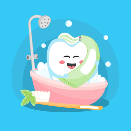 Kawaii cute tooth cartoon character washing in bathroom and brushing itself with toothpaste, dental treatment concept for poster designのイラスト素材