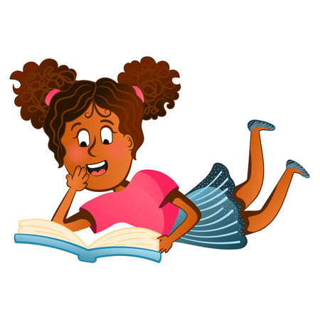Little Afro American girl reading a book lying on the floor, educational concept, happy book day, cartoon styleのイラスト素材