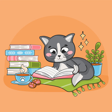 Kawaii cat character reading book, educational concept, smart animal art for kids in cartoon styleのイラスト素材