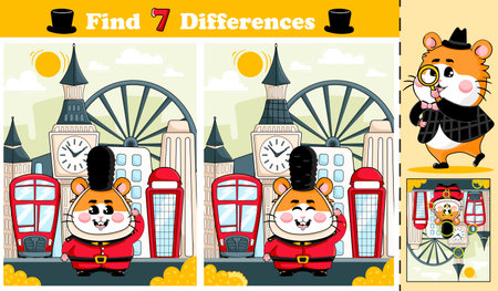 Interactive activity page for kids featuring a cute hamster character exploring London, designed as a find 7 differences puzzle in cartoon styleのイラスト素材