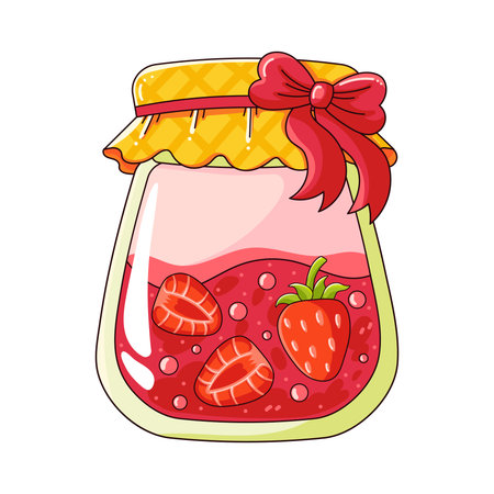 Jar filled with strawberry jam and whole strawberries, depicted in a cute cartoon styleのイラスト素材