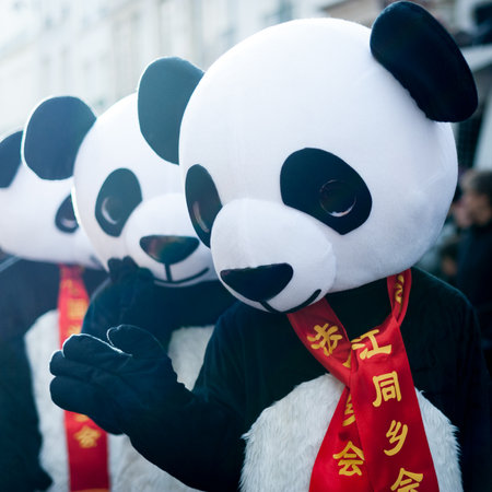 Paris, France - Feb 02, 2014: Chinese pandas performers at the chinese lunar new year parade.のeditorial素材