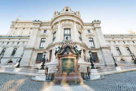 Paris, France - August 24, 2014: Opera Garnier facade with a statue of Charles Garnier.のeditorial素材