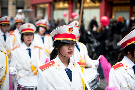 Paris, France - Jan 28, 2012: Chinese fanfare at the chinese lunar new year parade.