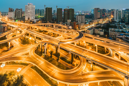 Chengdu, Sichuan Province, China - Oct 28, 2015: Yingmenkou interchange at night.のeditorial素材