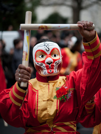 Paris, France - Feb 6, 2011: Chinese performer wearing a monkey mask in traditional costume at the...
