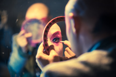 Chengdu, Pixian, Sichuan Province, China - Nov 15, 2015: Actor of a Sichuan Opera company preparing with make-up in front of a mirror before a representation in a public park.のeditorial素材