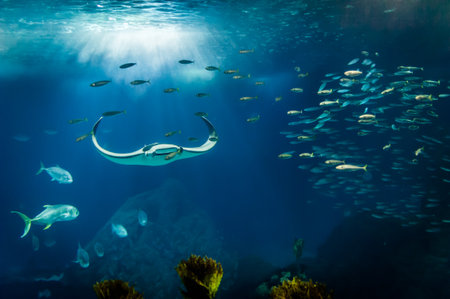 Lisbon, Portugal - November 22, 2013: Manta Ray and fishes in the Lisbon oceanarium.