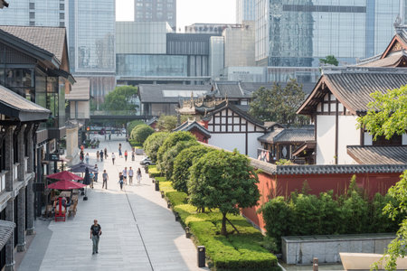 Chengdu, Sichuan province, China - May 10, 2016: People walking in Taikooli commercial area.のeditorial素材