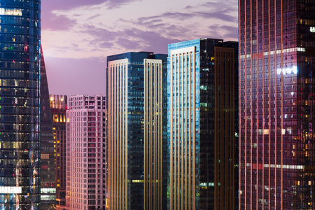 Block of skyscrapers at nightfall in Chengdu, Sichuan Province, Chinaのeditorial素材