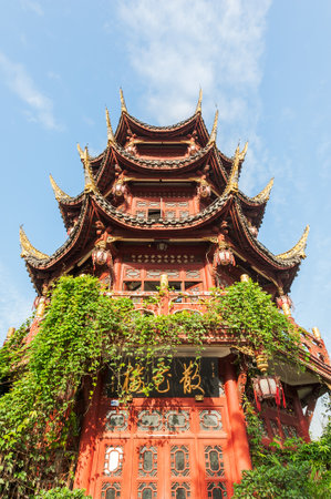 Chengdu, Sichuan Province, China - July 16, 2015: Pagoda at Baihuatan park entry on a sunny dayのeditorial素材