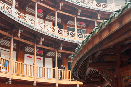 Chengdu-Luodai, Sichuan Province, China - Feb 19, 2015: Chinese traditional architecture in a Hakka roudhouseのeditorial素材