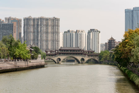 Chengdu, Sichuan Province, China - May 16, 2017: Anshun bridge and Jinjiang river in daylightのeditorial素材