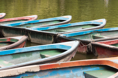 old multicolored boats on a lake, Chengdu, Chinaの写真素材
