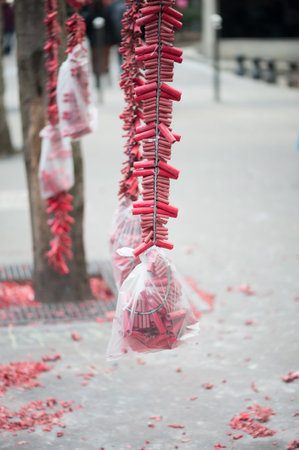 firecrackers hanging on a tree for chinese new year celebrationの写真素材
