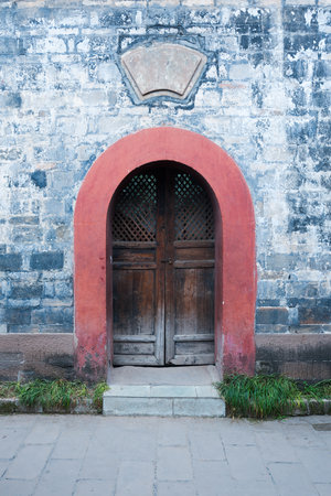 Chinese old traditional door and brick wallの写真素材