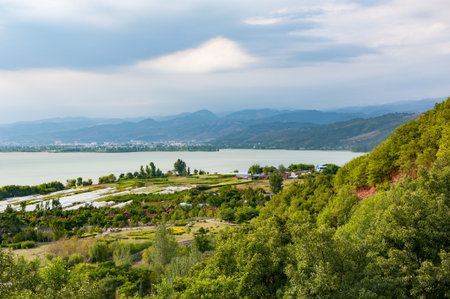 Mountain landscape with a lake in Xichangの写真素材