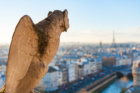Gargoyle with wings looking at Paris skylineの写真素材