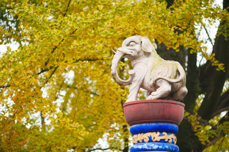 White elephant statue against trees in Chinaの写真素材